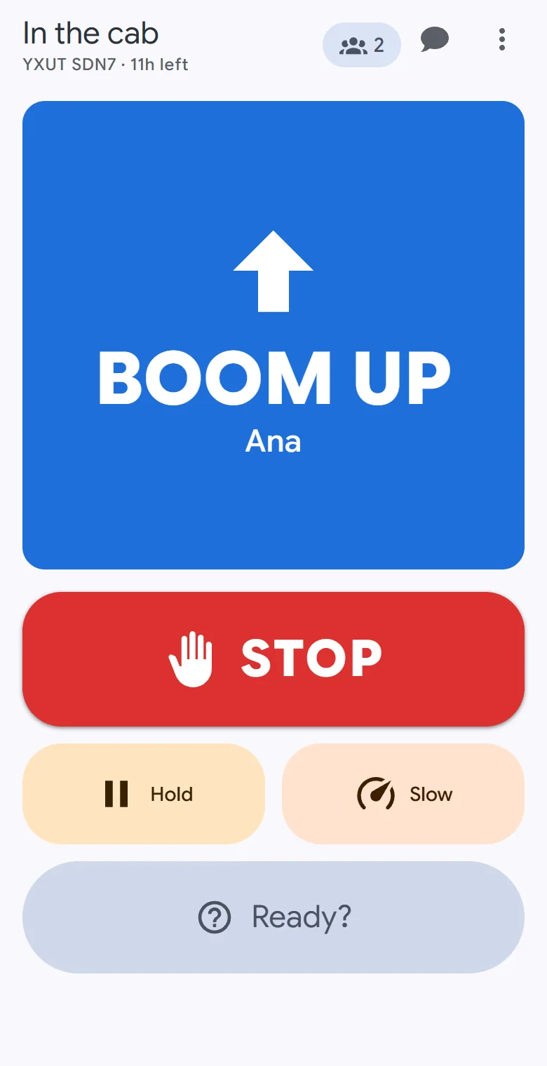 A phone in the cab: Boom Up fills the screen with who is calling it, and STOP, HOLD and SLOW are one tap away.