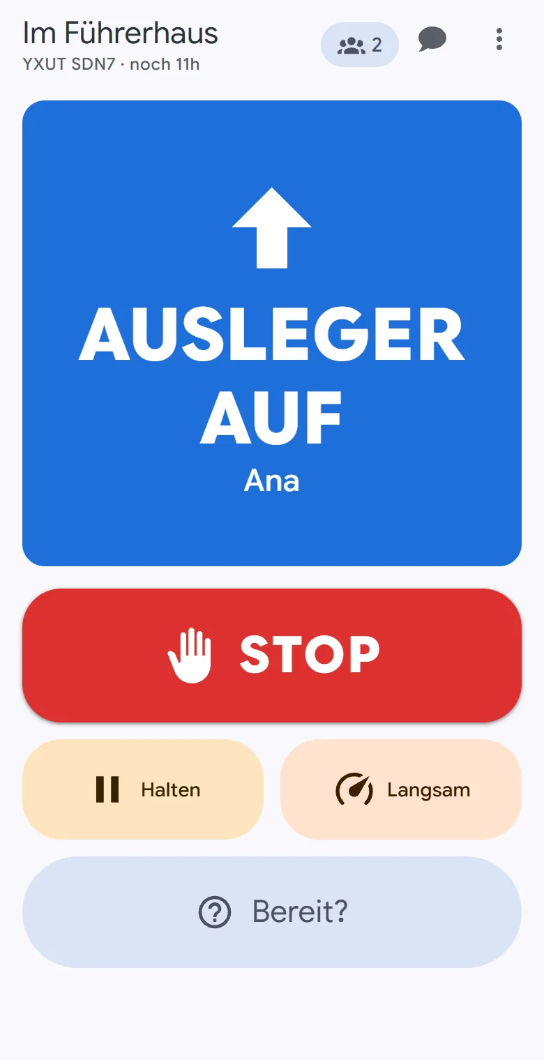 Ein Handy in der Kabine: Ausleger auf füllt den Bildschirm mit dem Namen dessen, der es ruft, und STOP, Halten und Langsam sind nur einen Tipp entfernt.