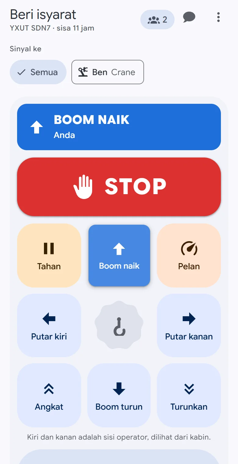 Papan isyarat OperatorLink di ponsel saat Boom naik dipanggil: Stop, gerakan derek, Tahan, Pelan dan Siap?