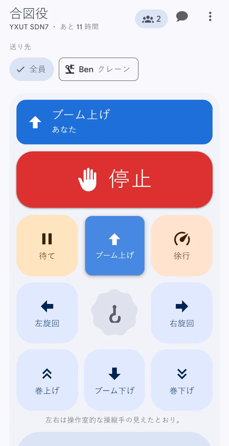 ブーム上げを呼んでいる最中の、携帯の OperatorLink 信号画面: 停止、クレーンの動き、待て、徐行、準備はいい?