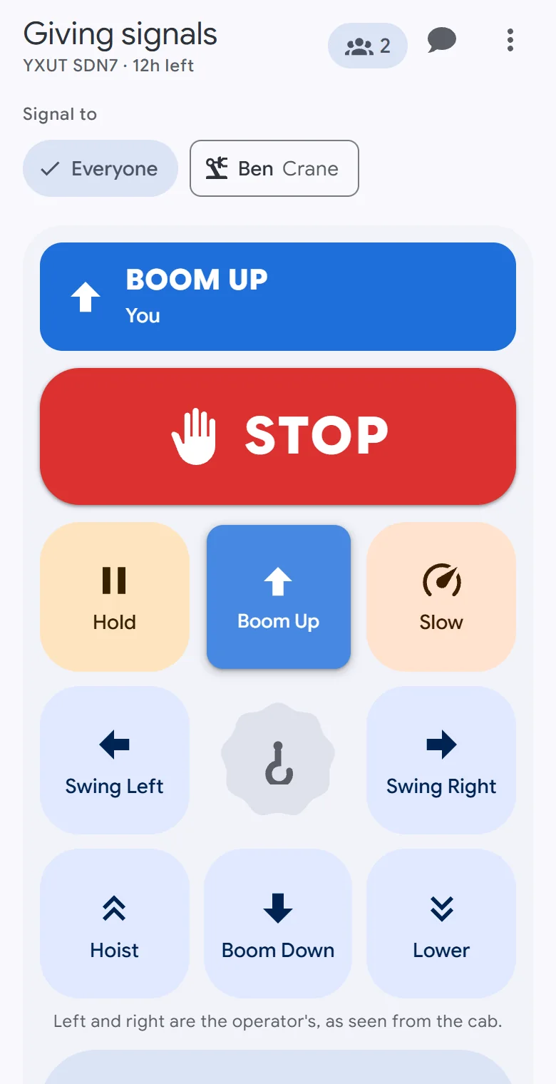 OperatorLink's signal pad on a phone while Boom Up is being called: STOP, the crane's moves, HOLD, SLOW and Ready?