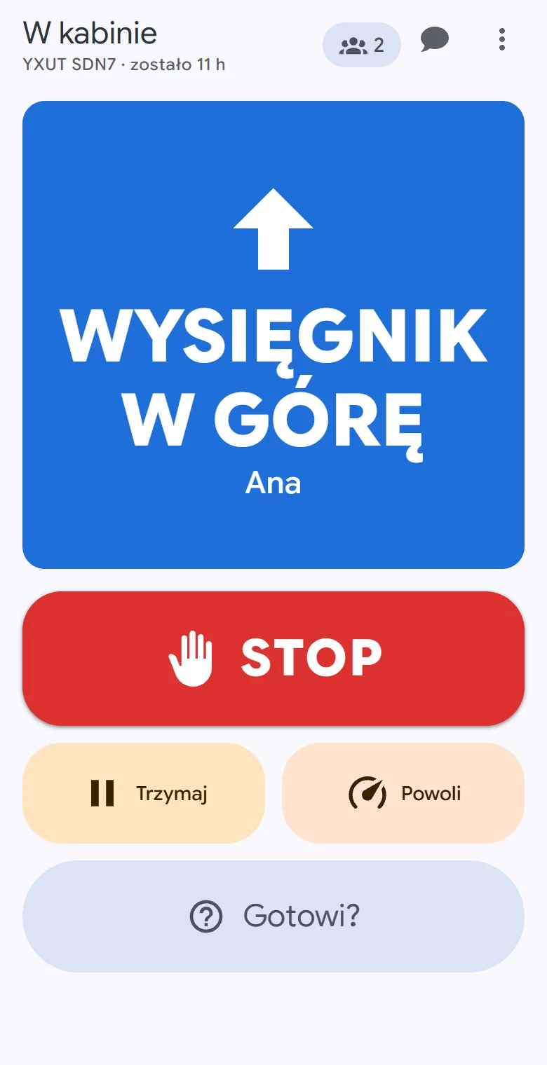 Telefon w kabinie: Wysięgnik w górę wypełnia ekran z osobą, która go wywołuje, a STOP, Trzymaj i Powoli są jedno dotknięcie dalej.