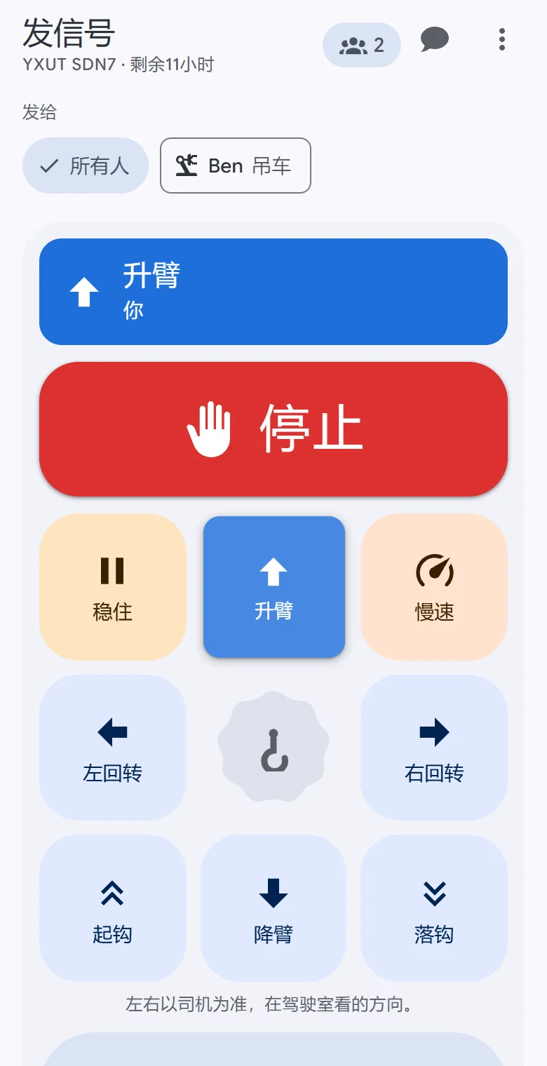 正在呼叫升臂时，手机上的 OperatorLink 信号板：停止、起重机的动作、稳住、慢速和准备好了？